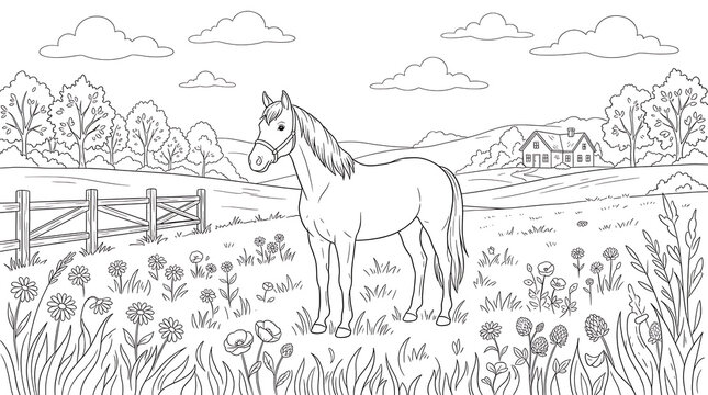 Line art illustration of a horse grazing in a rural landscape with fence