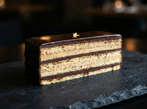 A delicious slice of layered opera cake served on a dark slate plate.