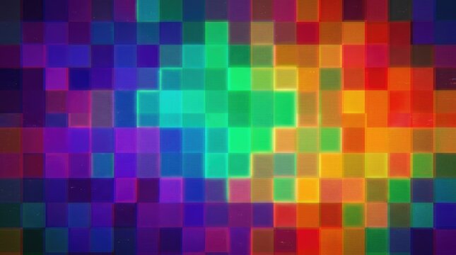 Abstract background featuring a vibrant mosaic pattern with a colorful gradient of squares in various bright rainbow hues