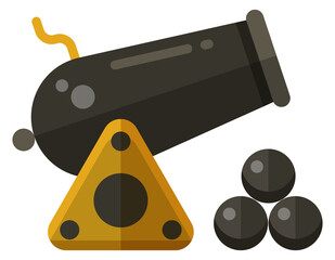 Fototapeta premium A black cannon is next to a yellow triangle