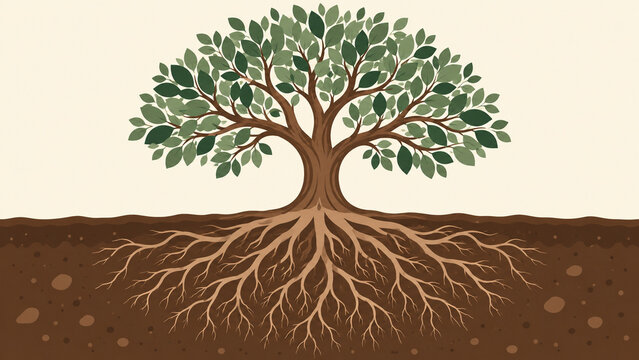 Illustration d'un arbre aux racines symbolisant l'ancrage