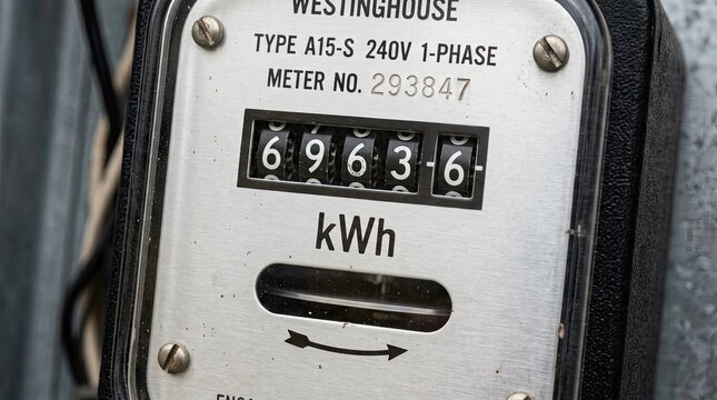 Close up of analog electricity meter with energy consumption kilowatt kilowatt hours mechanical digital reading energy mechanical dials high resolution infrastructure measurement utilization with type