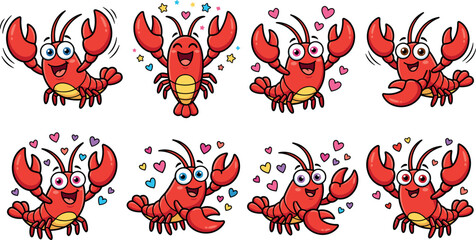 Obraz premium Cute Cartoon Lobster Character Vector Icon Set Featuring Red Crayfish Emoticons with Hearts, Stars, and Diverse Happy Expressions for Kids Graphic Designs