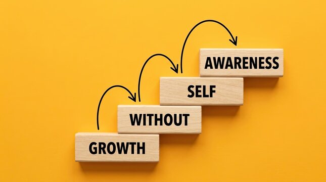 Wooden blocks illustrating growth depends on self awareness against orange background with blocks message linking step step arrangement personal development self improvement understanding stacked