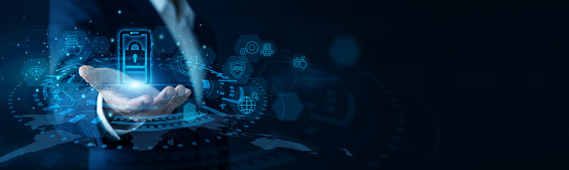 Cyber expert and app developer holding hands reinforcing Mobile Security protocols on a secure virtual screen tracking wireless network threats. Encrypted digital protection stopping a hack. © Nexus Studio