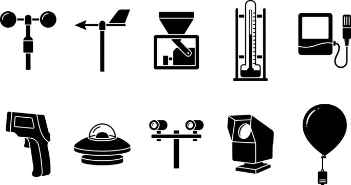Weather station instrument icon set featuring meteorological sensors and atmospheric measurement tools in flat black vector style