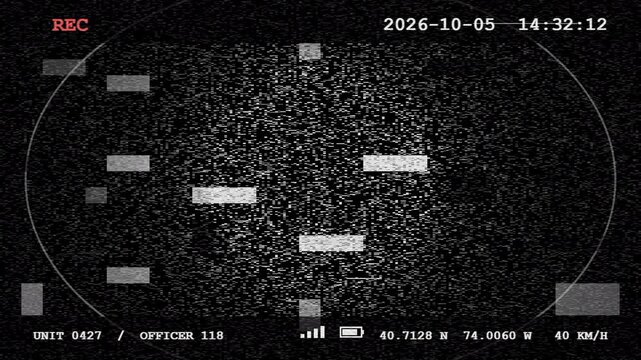Body Camera Footage Overlay with Letterbox Bars, Date Time Stamp, GPS Text and Compression Glitch, Transparent Background