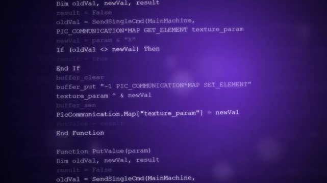 Computer programming code scrolling on dark purple digital screen display for technology software development motion video
