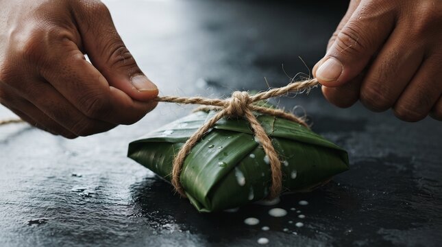 Hands Tying Natural Plant Fiber String on Banana Leaf Parcel