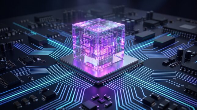 Quantum computing processor cube with luminous circuitry representing advanced semiconductor technology, computational power, innovation, and digital research