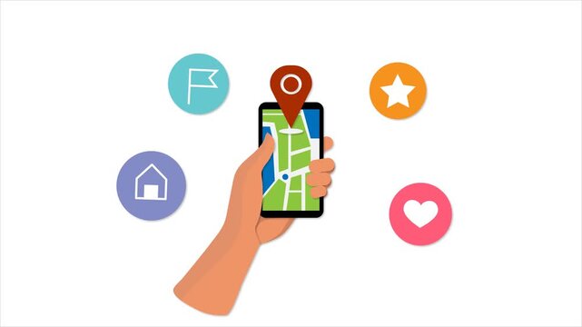 Hand Holding Smartphone with Saved Locations 4K Animation. Flat cartoon seamless loop animated with a map, location pin, and favorite place icons for mobile bookmark location feature presentations.