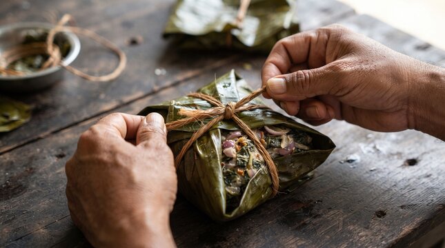 Macro Hands Tying Traditional Banana Leaf Food Parcel with Hibiscus Fiber