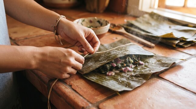 Wrapping Taro Mixture in Banana Leaf with Hibiscus Fiber String