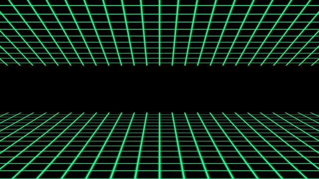 Retro 80s synthwave neon green grid background, digital cyberpunk horizon loop