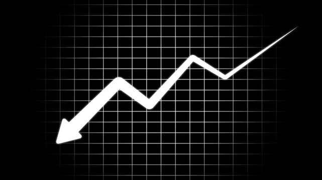 Financial market downtrend graph: white arrow showing economic decline on digital grid background crash