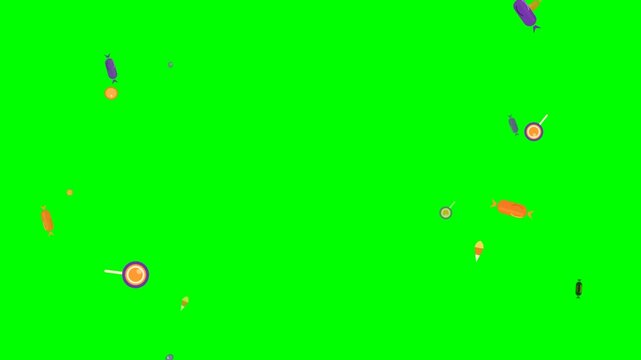 An energetic Halloween candy shower overlay featuring 15-25% larger candies, 25-35% faster falling speed, crisp depth separation, and a clean center over a solid chroma-green background (#00FF00).