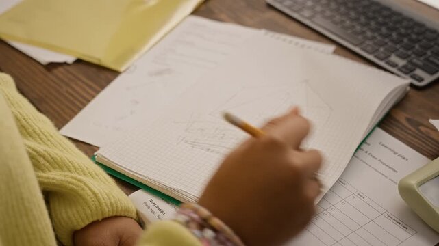 African American teenage girl solving geometry problems with pencil in notebook during tutoring session. Footage ideal for high school education and tutoring ads