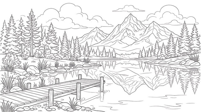 Detailed black and white landscape illustration of mountains forest and lake