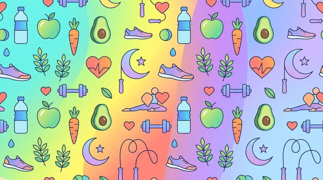 Seamless pattern of healthy lifestyle icons including fruits and exercise equipment, wellness and fitness concept design.