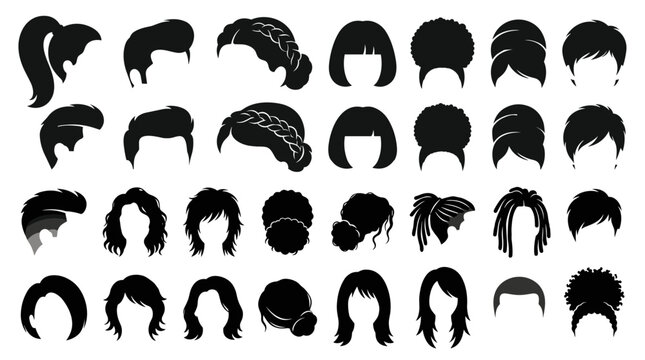 Large collection of black vector silhouettes featuring various men and women hairstyles, including curls, braids, mohawks, bobs, and dreadlocks on a white background.