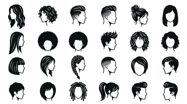 Vector Illustration Collection of Diverse Men's and Women's Hairstyle Silhouettes, Featuring Curly, Straight, Wavy, Braided, Fade, and Short Hair Cuts for Salon and Beauty Design