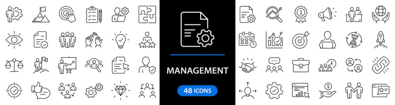 Business Management set of web icons in line style. Management icons for web and mobile app. Media, teamwork, vision, mission, business, planning, strategy, marketing. Vector illustration