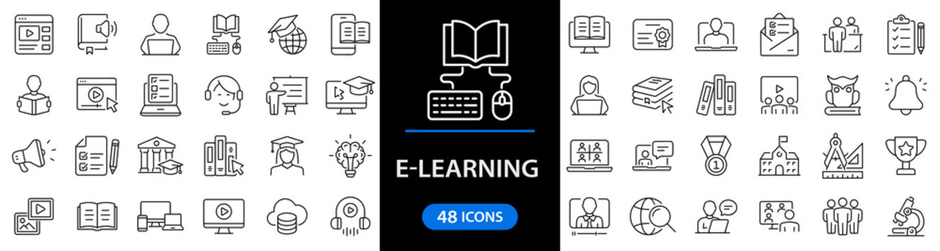 E-learning set of web icons in line style. Online education icons for web and mobile app. Distance learning, video tutorial, online lecture, school, university, webinar. Vector illustration