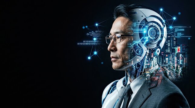 Man with augmented robotic head looking at futuristic cityscape at night with Person wearing robotic headgear observes illuminated urban background digital overlays electroniccomponents intelligence