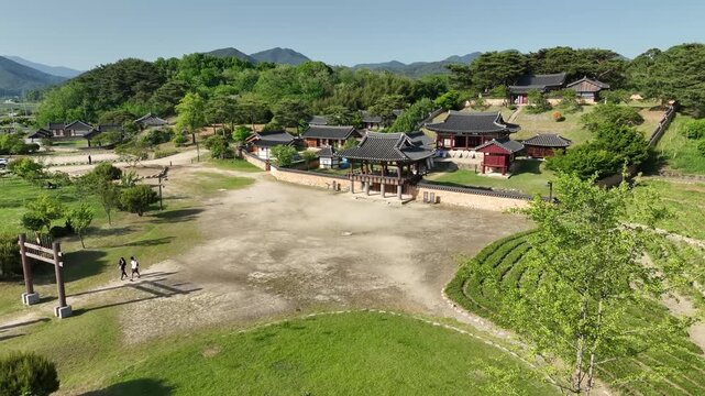 Aerial drone view of Namgye Seowon UNESCO World Heritage Confucian academy in Hamyang, South Korea