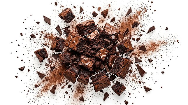 Broken chocolate pieces scattered on white background with crumbs with Chocolate chunks crumbs spread explosively against plain white surface chocolate fragments chocolate chips dessert topping