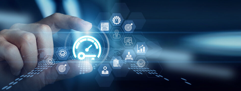 Business analyst reviewing targets. Gently Grasping vital key performance indicator metrics accurately tracks overall success. This data-driven approach constantly improves operational goals.
