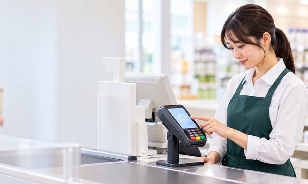 店舗のレジでキャッシュレス決済端末を操作する日本人女性店員