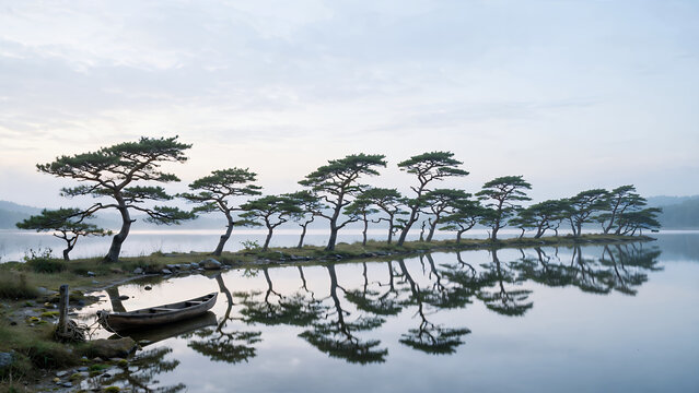 serene pine tree grove on a misty lake shore with a small wooden boat and perfect reflections at dawn