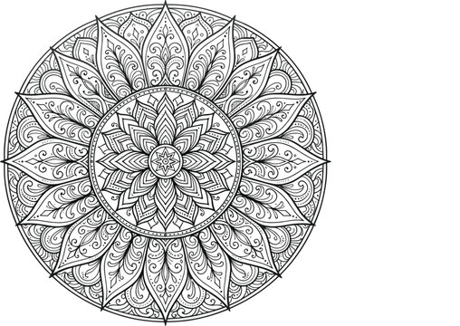 Intricate black and white circular mandala floral ornament pattern design element vector outline drawing for adult relaxation coloring book