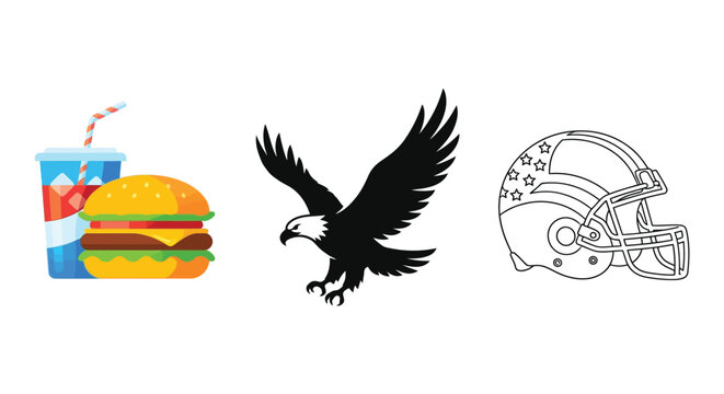 Burger and soda eagle silhouette and football helmet line drawing