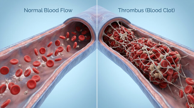Normal Blood Flow vs Thrombus Formation and Blood Clot Medical Illustration