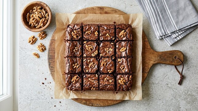 Chocolate walnut brownies cut into squares on wooden board with parchment paper with brownies sliced individual board lined countertop background scattered homemade lighting textured dessert with food