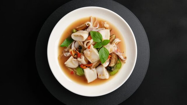 Thai Spicy stir fried squid with chilli ,green peppercorn ,Fingerroot ,egg plant and kaffir lime leaves in white plate. (Pad Cha pla muk).Top view.