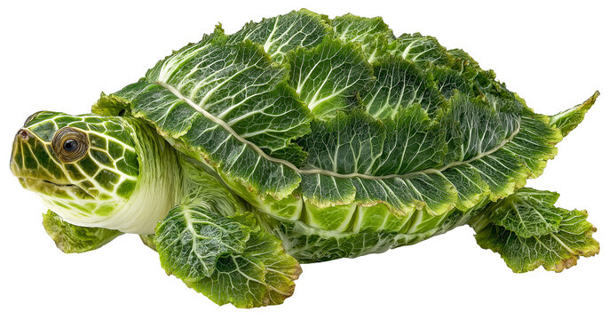 Creative arrangement of lettuce leaves forms shape of green turtle, showcasing artistic food design. vibrant greens and detailed texture mimic turtle shell and body, creating whimsical, isolated