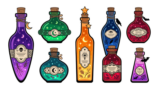 Magic potion bottle set vector illustration, witchy apothecary glass jars collection, vintage celestial elixir flasks for halloween graphic design