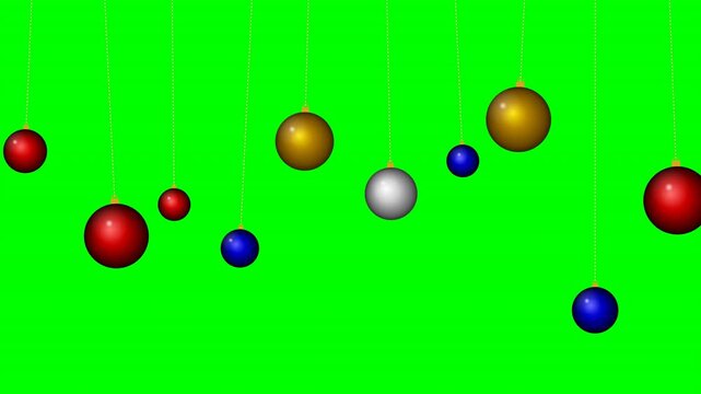 Green screen chroma key background featuring 10 hyper-realistic glass bauble ornaments dropping and swinging naturally. High-end holiday concept overlay with rich metallic textures.