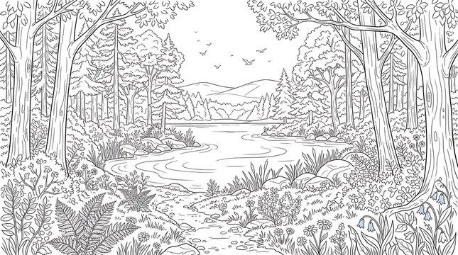 Detailed forest landscape with river and mountains in engraving style