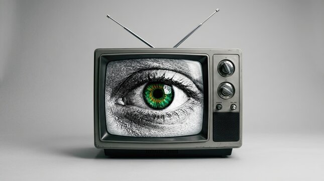 Vintage crt television displaying close up human eye with colorful iris on screen with distinct green iris old style crt electronic device vintage tech detailed eye black white retro style face
