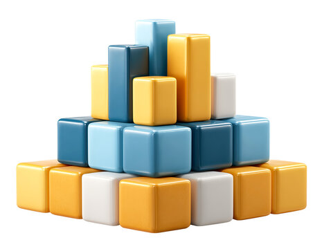 Stack of colorful 3D cubes arranged in pyramid shape, featuring shades of blue, gold, and white, creating playful and modern design., isolated