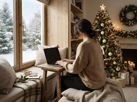 Young woman sitting by window in cozy home during winter holidays with christmas cozyhome interior christmastree lifestyle computer relaxation cozyvibes wintertime seasonal cozyatmosphere