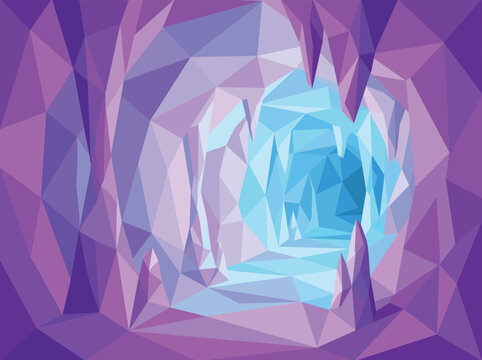 Low Poly Ice Cave Interior with Stalactites and Stalagmites