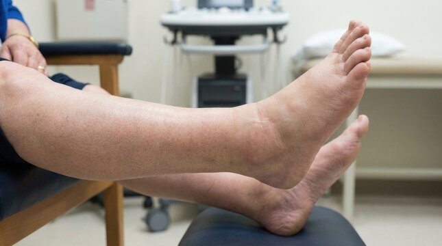 Swelling leg analysis: edema patient, medical assessment, fluid retention, vascular disease, ultrasound clinic, skin inflammation, unhealthy condition, circulatory failure.