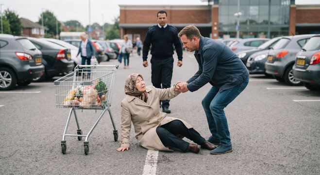 Man helping an elderly woman who fell in a supermarket parking lot