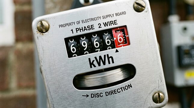 Old mechanical electricity meter with reading consumed kilowatt dials direction indicator numeric reading kilowatt hours close up measurement instrument industrial background equipment gauge with worn