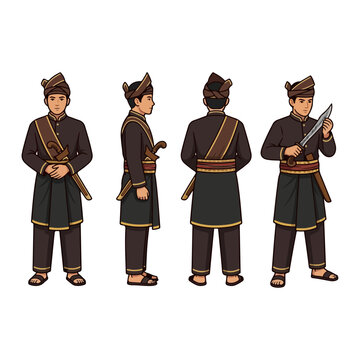 Malay warrior character design wearing traditional baju melayu with tanjak and keris weapon